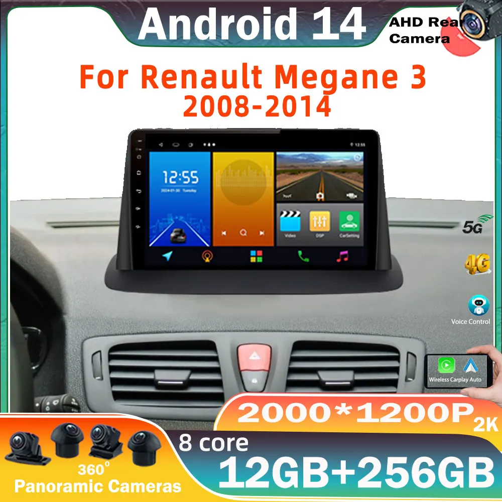 

9" QLED Screen Android 14 For Renault Megane 3 Fluence 2008-2014 Car Radio Multimedia video Player Navigation GPS BT No 2din DVD