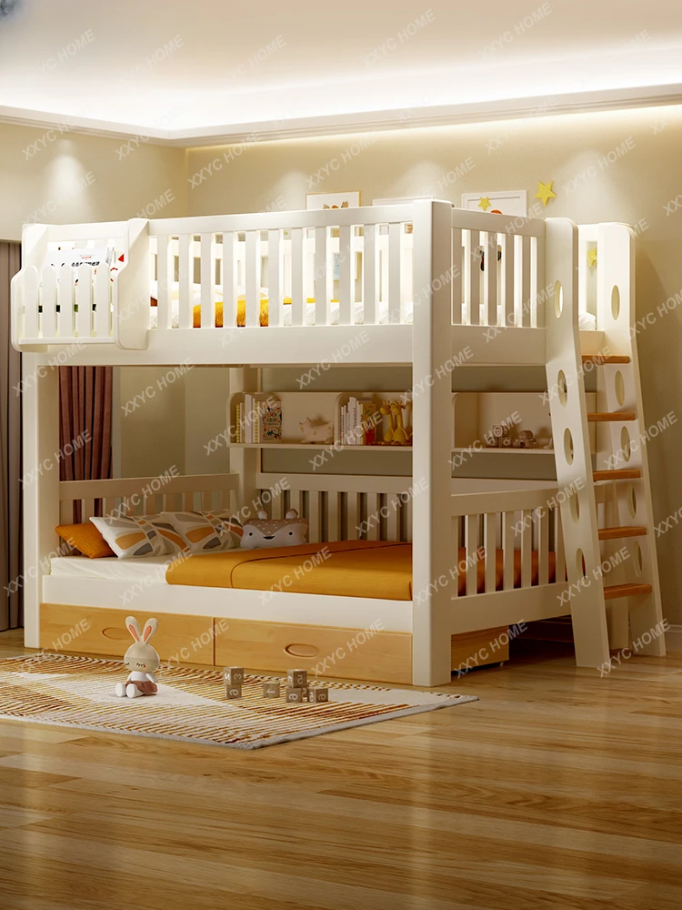 Solid Wood Children's Bunk Bed Double Bed Teenagers Elevated Bed Same Width Parallel Double Bed Height Bunk Bed