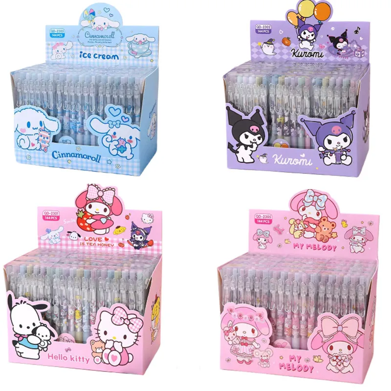 12pcs Children Cartoon Gel Pen Kawaii Hello Kitty  Cinnamoroll Kuromi Melody Stationery 0.5mm Black With Metal Hook Office Write