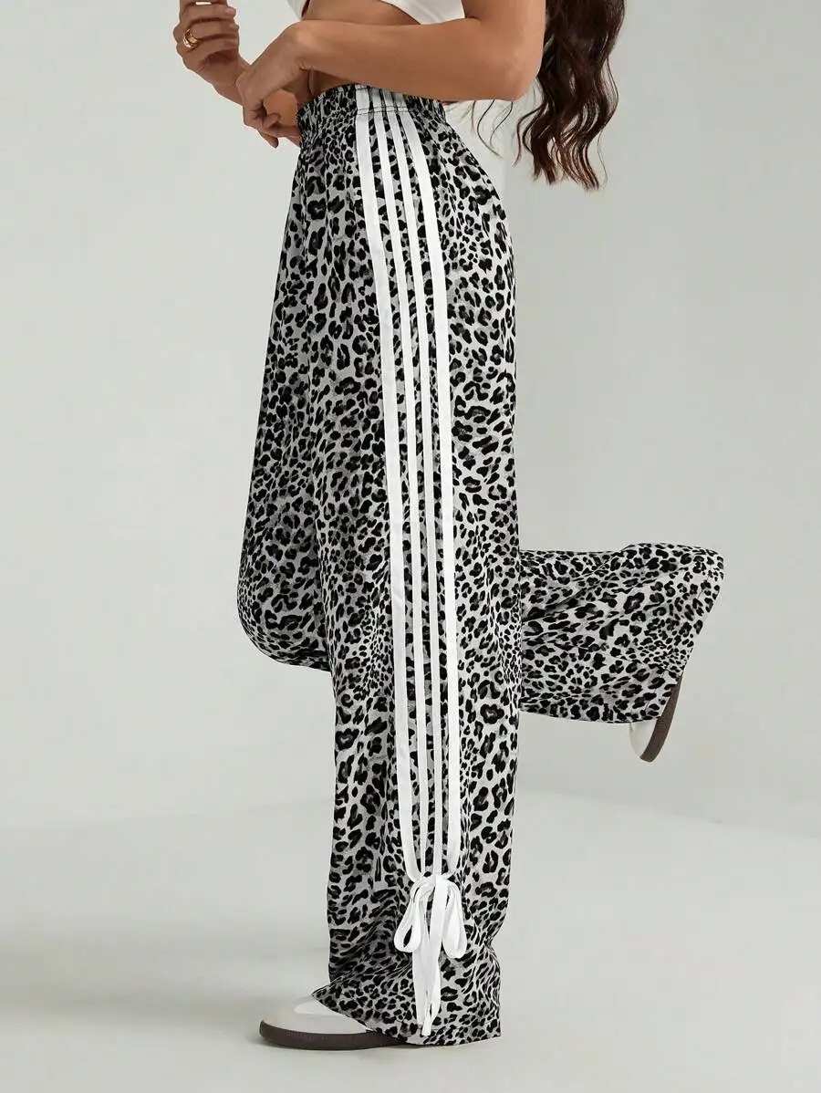 

Женские брюки с высокой талией, леопардовым принтом, широкими штанинами и боковой завязкой