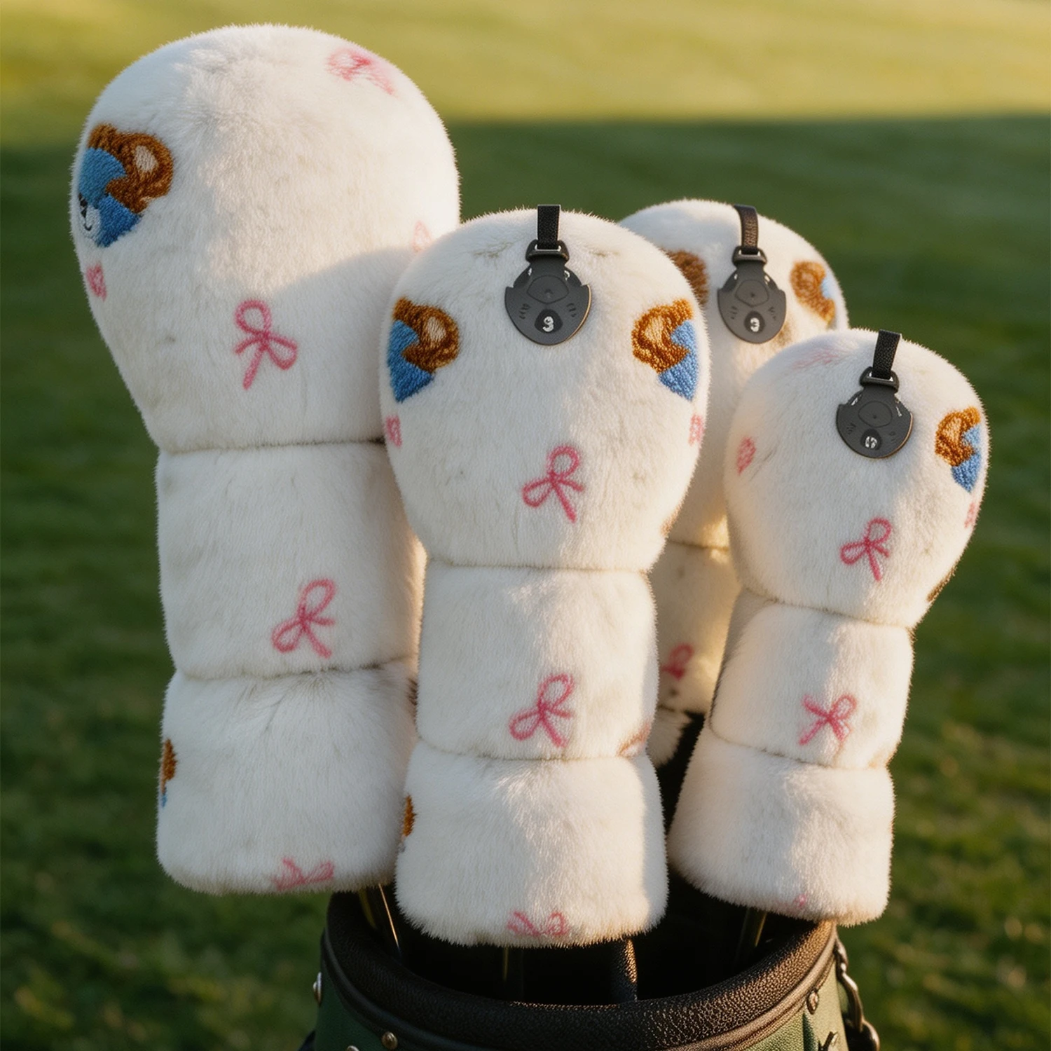 1PC/4PCS Plush Bear Golf Wood Head Covers, White Base With Cute Bear Pattern, Soft Fabric Material, Thick Inner Lining