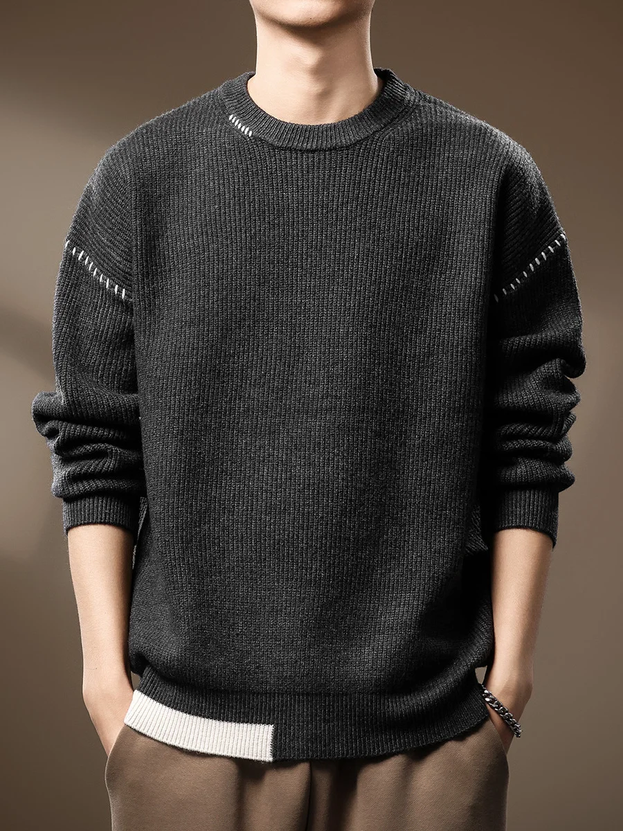 

Мужской свитер в стиле ретро: модный, свободный, теплый, вязаный, с круглым вырезом, для осени