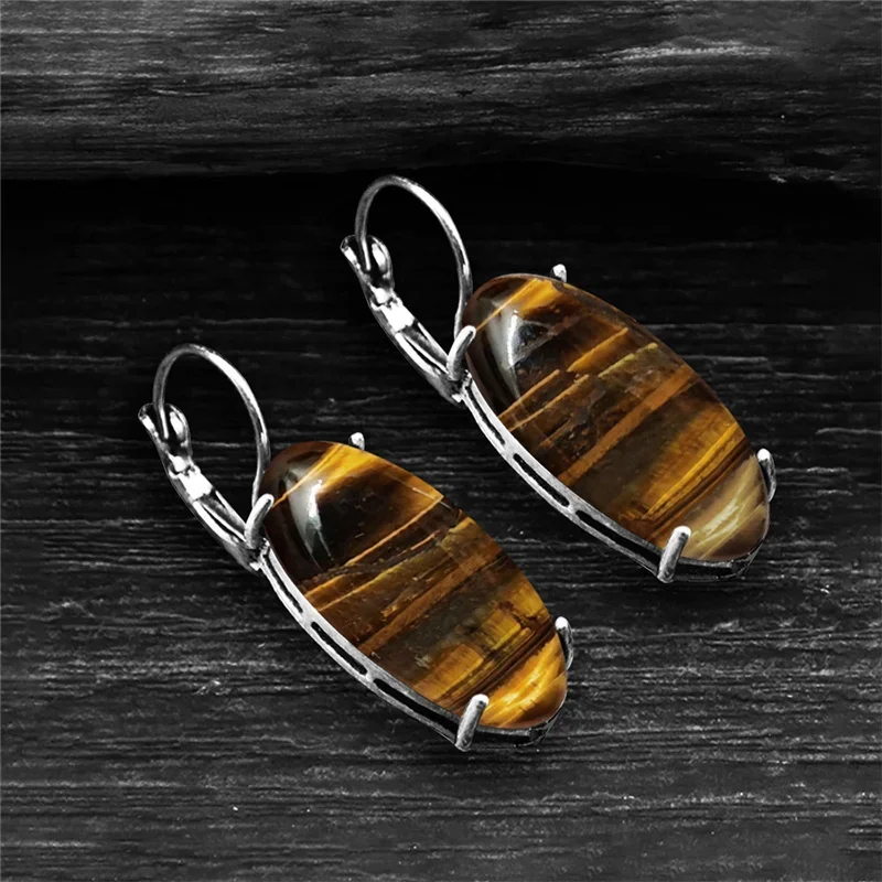 Big Vintage Eye Shape Natural Tiger Eye Earrings For Women Antique Silver Plated Natural Stone Claw Fashion Jewelry