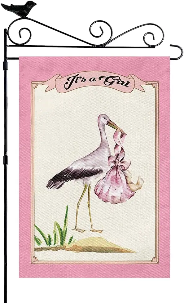 It's a Girl Flamingo Stork Graden Flag Burlap 12.5 X 18 Double Sided for Home Yard Indoor Outdoor Decoration