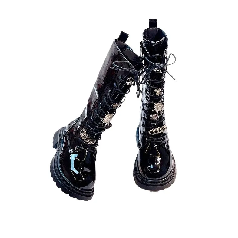 2025 Autumn Winter New Fashion Girls Bright Leather High Boots Flower Lace-up Rhinestone Decoration Children Long Knight Boots - view 3