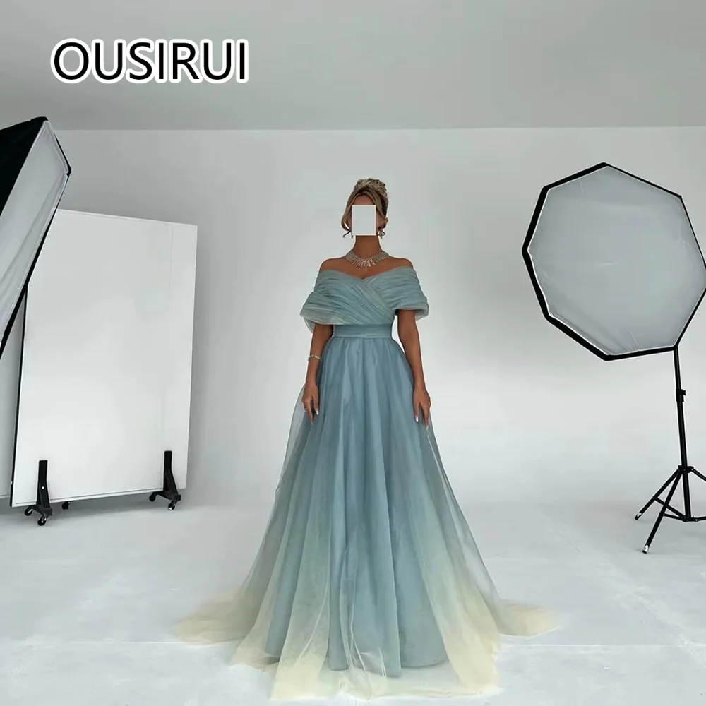 

Graceful Off-Shoulder Tulle Pleated A-line Evening Dress Floor-Length Sleeveless Prom Bridesmaid Dress Ruffle Custom Made