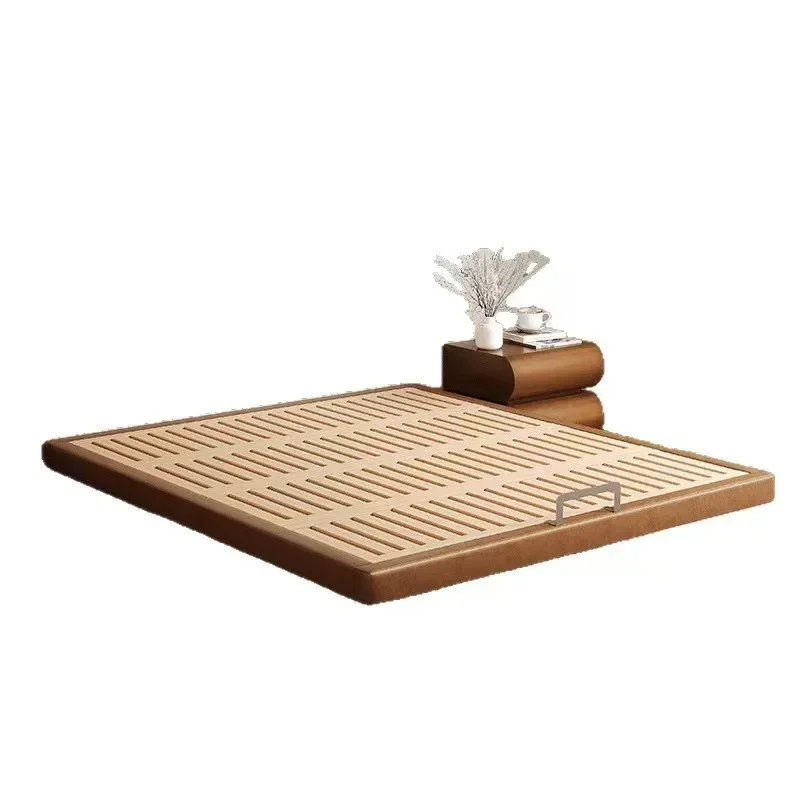 

No bedside bed frame, beech solid wood, modern simple small apartment with flat edges and no back, antique suspended bed tatami