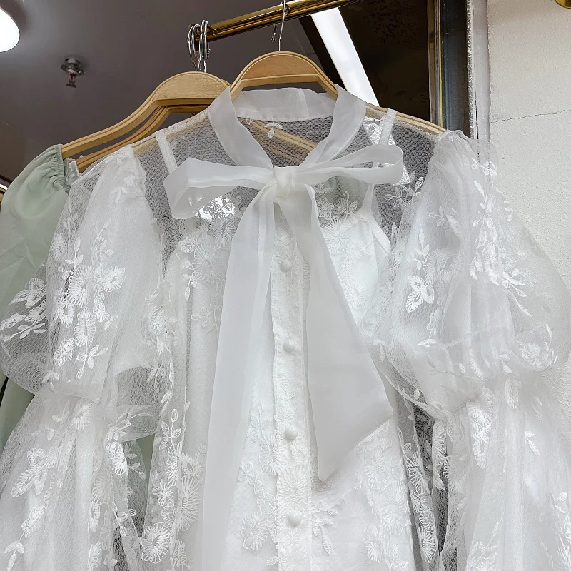 Korean Style 2023 Spring New Fashion Sweet Bow Self-Tie Lace Mesh Bubble Blouses Women's Trend Lantern Sleeve Lace Shirt Top