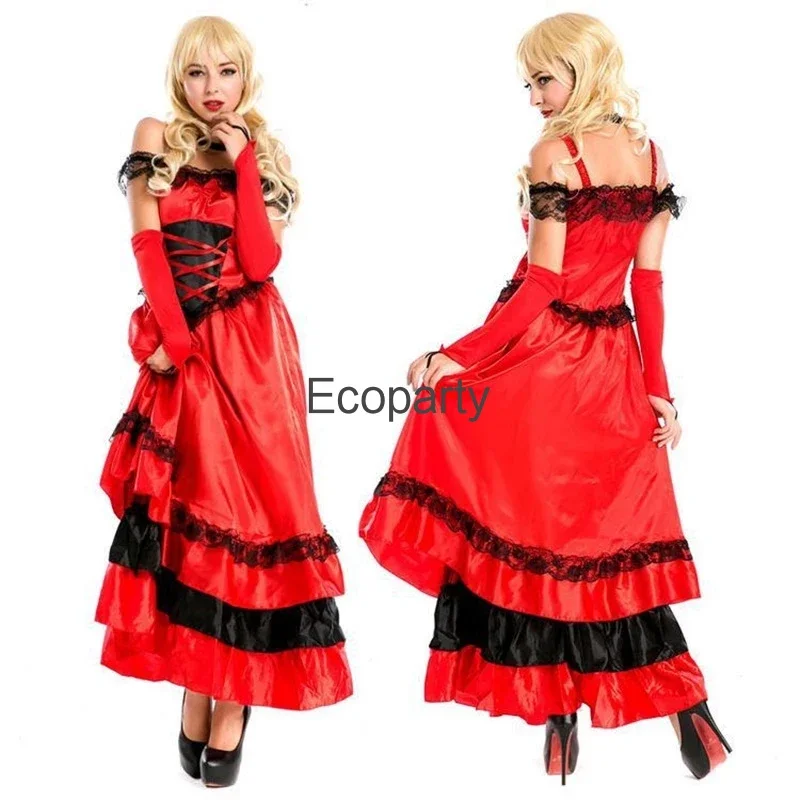 Retro Sexy Red Court Dance Dress Queen Saloon Girl Wild West Burlesque Halloween Cosplay Costume Tango Stage Performance Dress