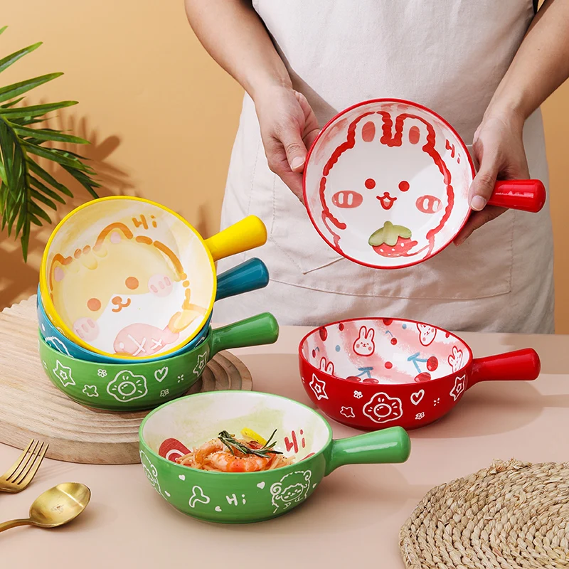 

Cerc Baking Bowl with Handle for Home Use Fruit Salad Bowl Cartoon Design Single Handle Instant Noodles Bowl Student Dormi...