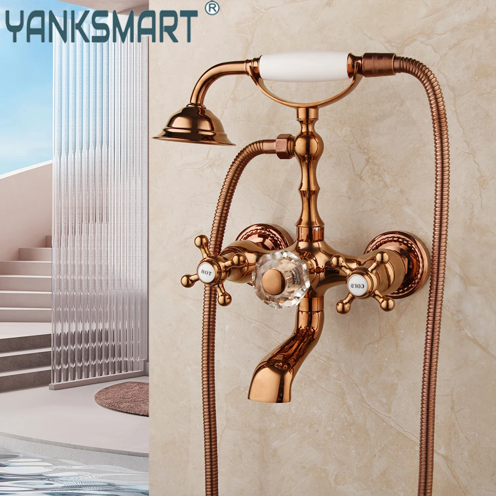 

YANKSMART Telephone Shape Rose Gold Wall Mounted Bathroom Bathtub Mix Tap 2 Functions Hand Shower Stream Spout Shower Set Faucet