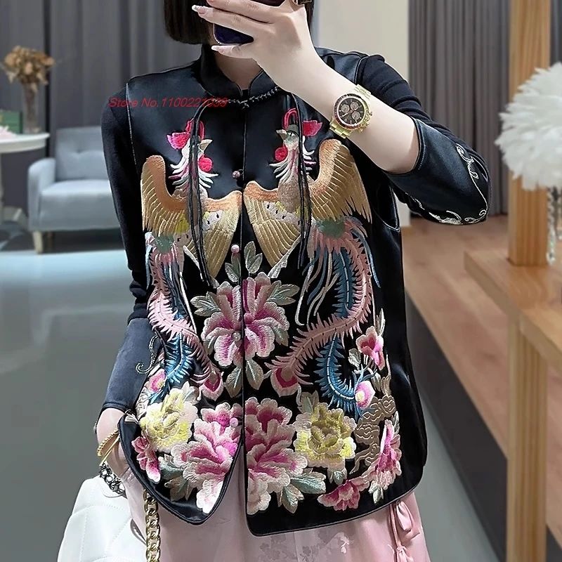 2024 vintage hanfu tops chinese traditional ethnic satin vest national phoenix embroidery sleeveless jacket oriental tang suit