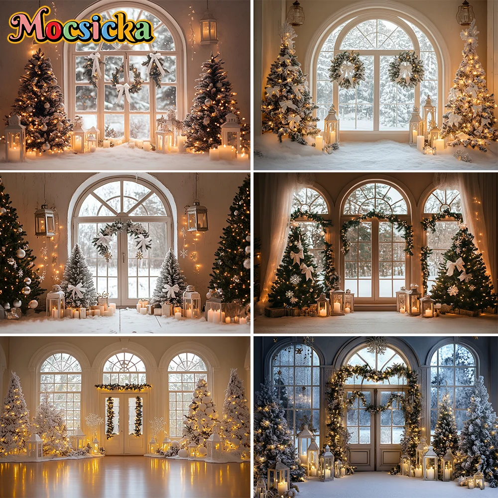 

Photography Background Winter Christmas Boho Beige Room Xmas Tree Gift Kids Family Portrait Decor Backdrop Photo Studio