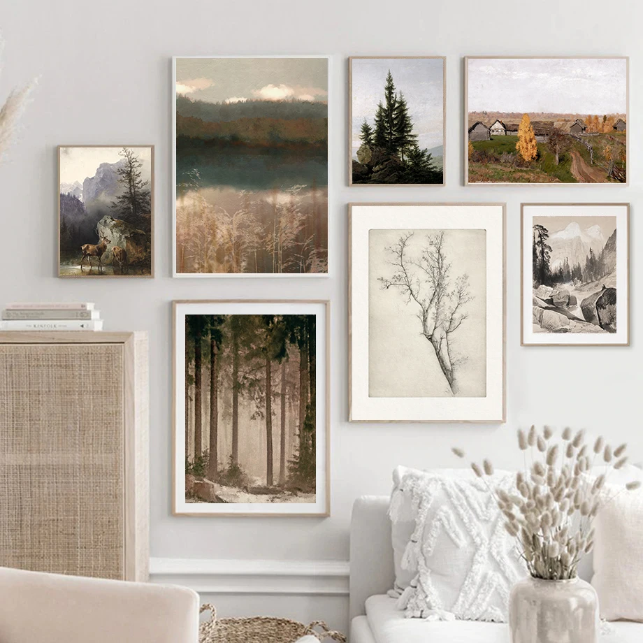 Mountain Forest Landscape Neutral Art Print Antique Lake Scenery Painting Canvas Poster Coastal Wall Pictures Rustic Decoration