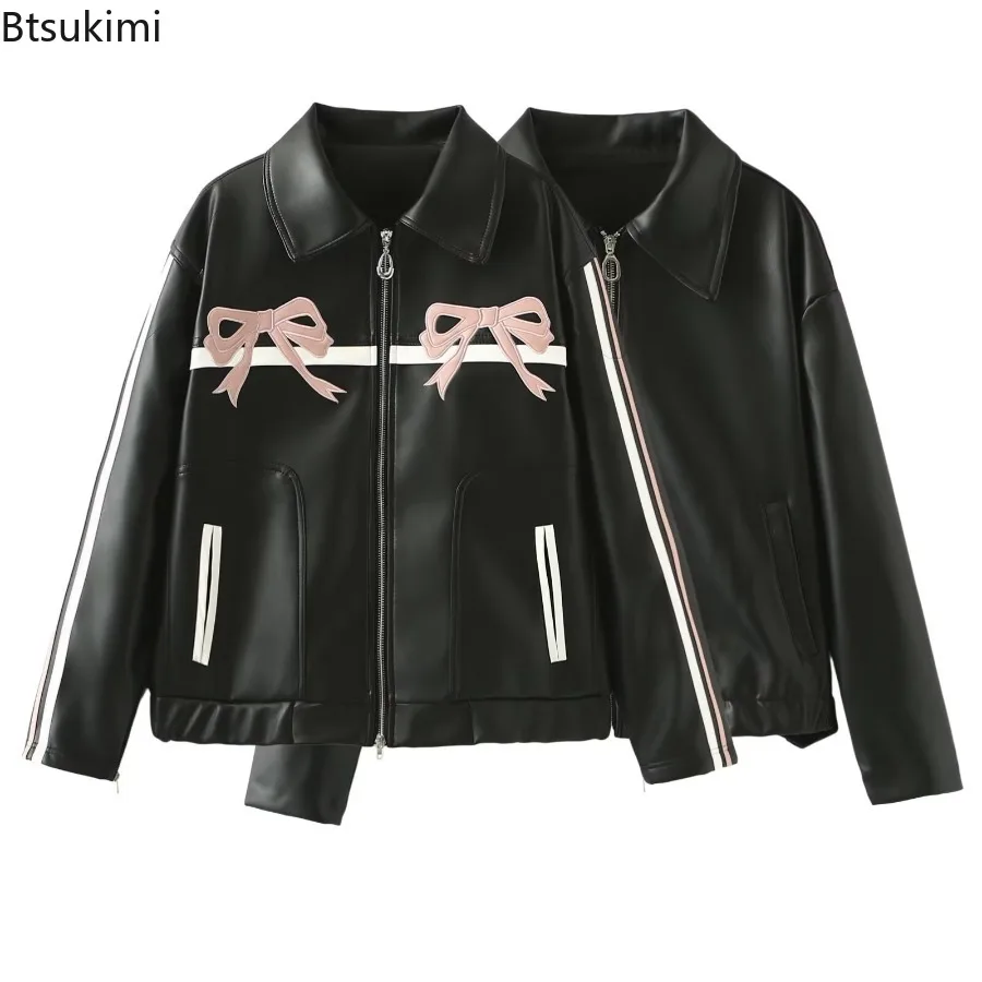

Women's Winter Jacket Women Vintage Faux Leather Coat Fashion Pu Lapel Collar Embroidery Bow Zipper Overcoat Female Casual Tops