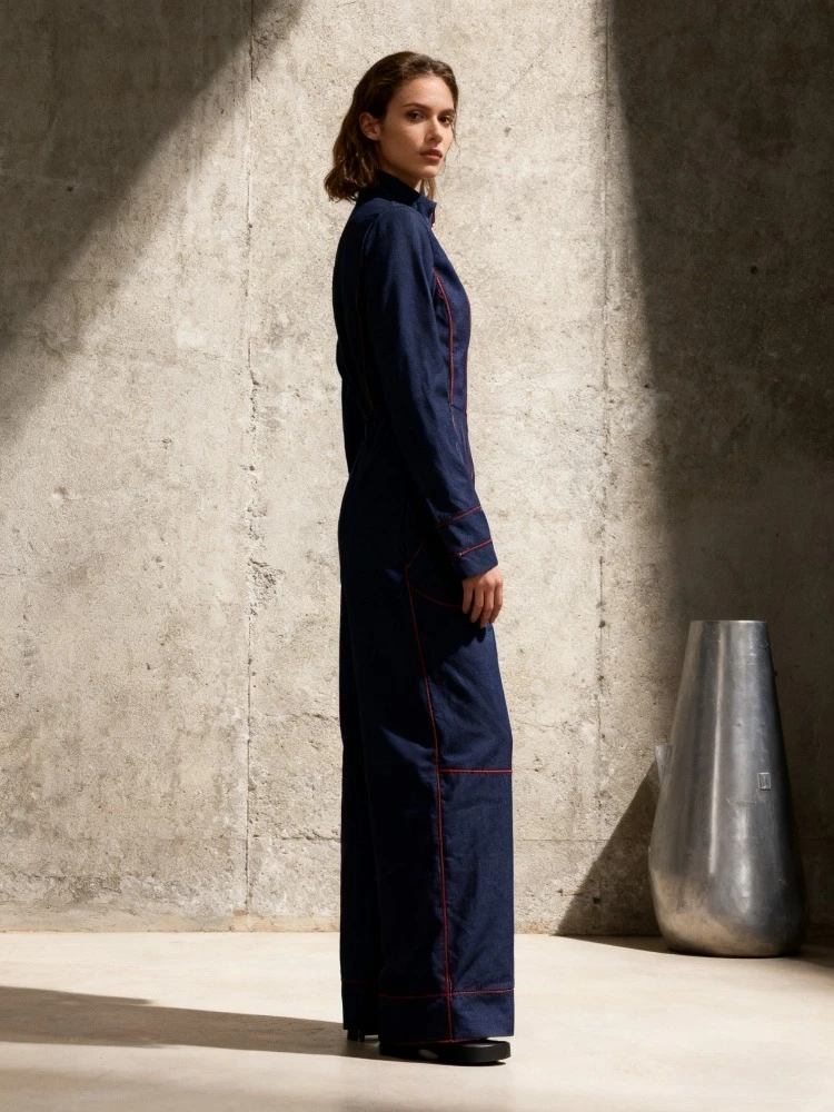 Freeacy Women's Navy Denim Jumpsuit Red Contrast Stitching Zippered Wide Leg One-piece Suit Loose Fit Casual Coveralls - Image 3