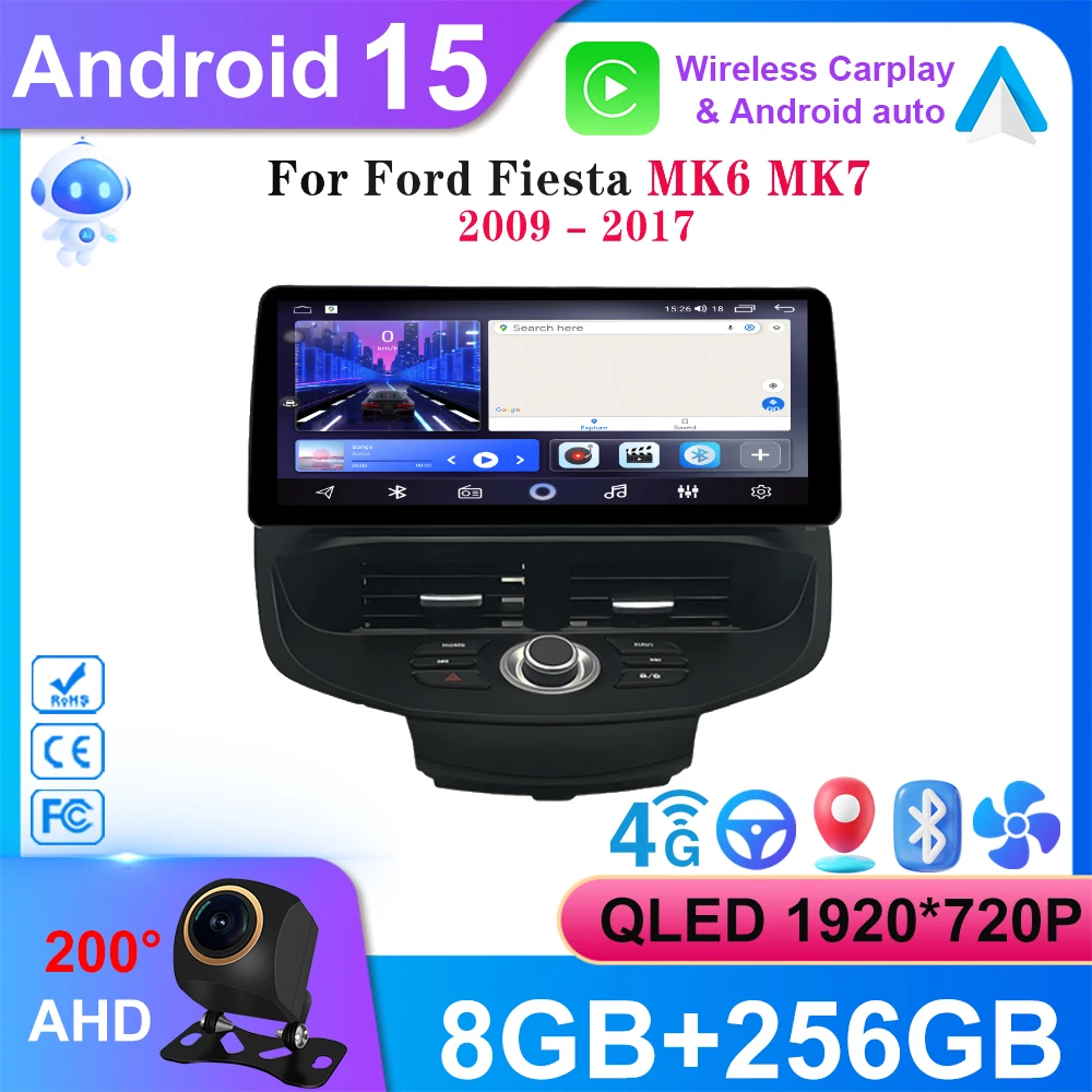 12.3 inch Car Radio For Ford Fiesta MK6 MK7 2009-2016 LHD RHD Android 15 Multimedia Video Player GPS wireless android Carplay