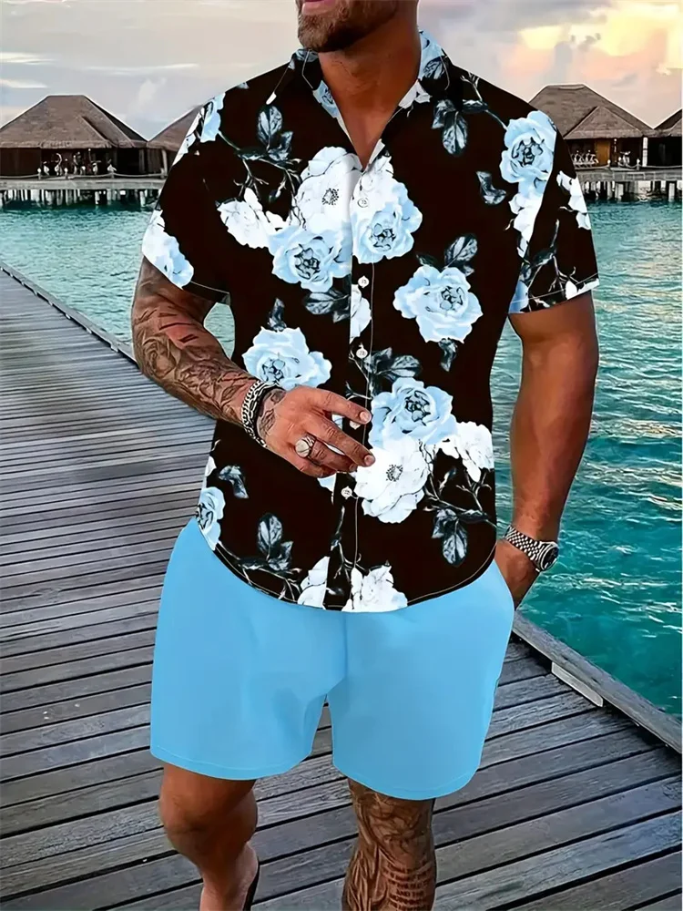 Men\'s Hawaii Shirt Set Men\'s 3D Printed Short Sleeve Shirt Shorts Two Piece Summer Beach Lapel Shirt Set Unisex Casual Clothing