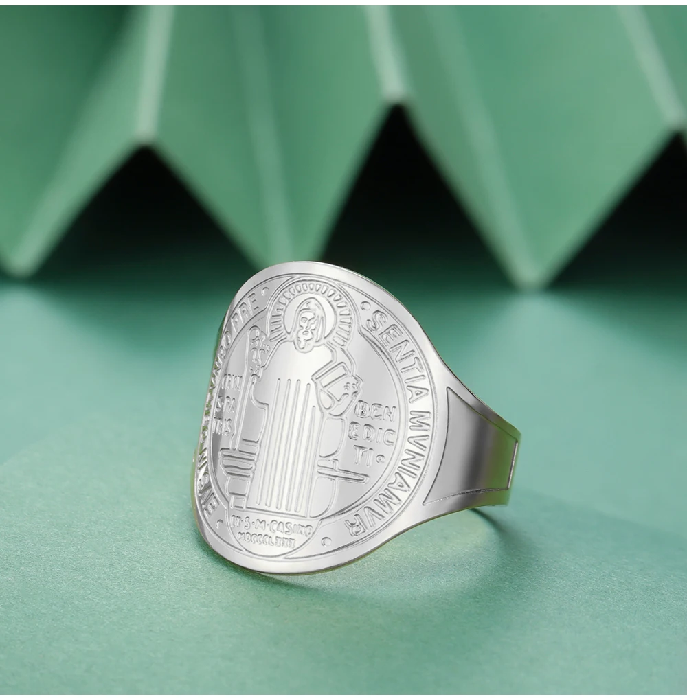 COOLTIME Saint Benedict Medaille Herren Ring Edelstahl Sentia Katholisches Medaillon Fingerring Amulett Schmuck Geschenk – Detail 7