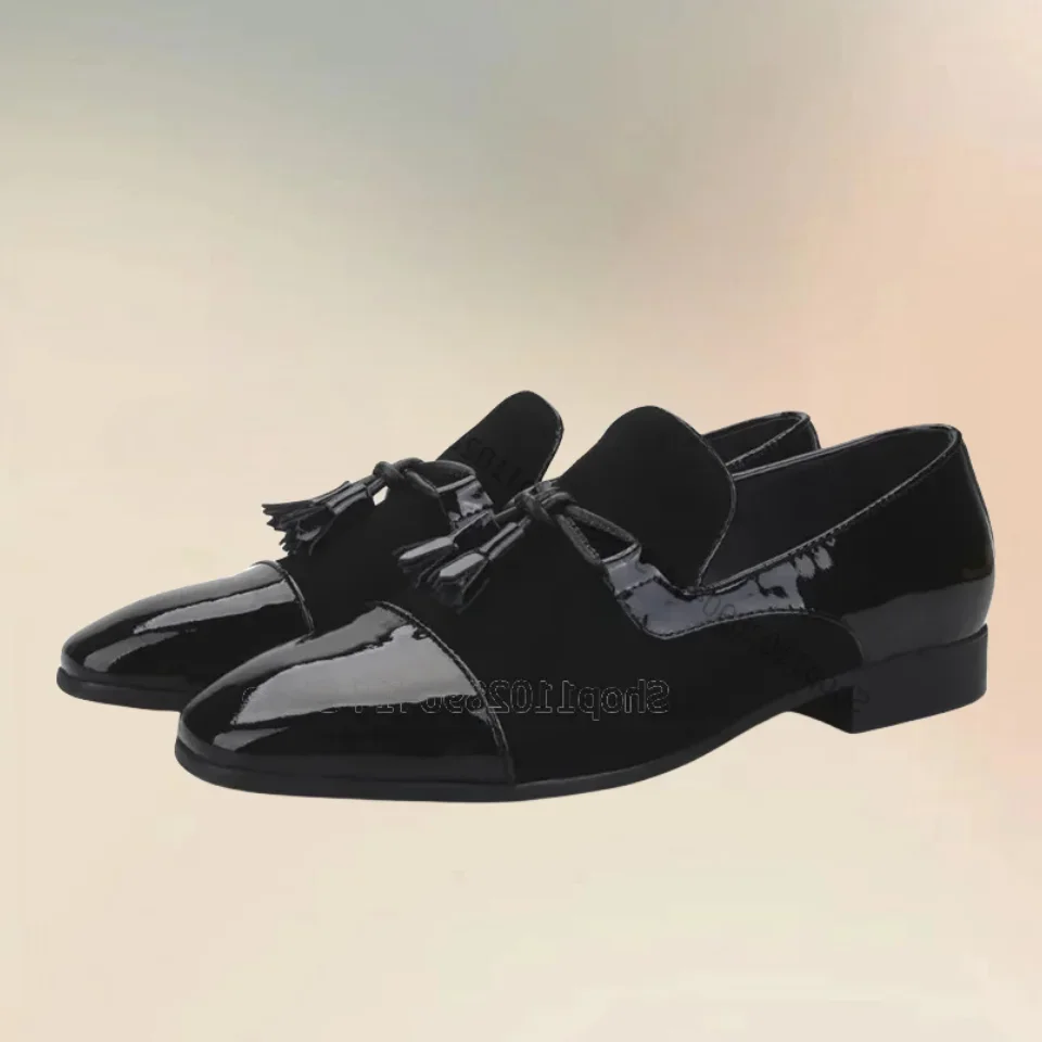 

Black Tassels Patent Leather Splicing Velvet Loafers Fashionable Slip On Men Shoes Luxury Handmade Party Banquet Men Dress Shoes
