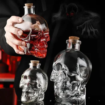 Bouteilles en forme de crâne 750ml, carafe en verre de haute qualité, gobelet, visage de crâne, tasse de bière pour vin, Vodka, whisky, café avec couvercles en bois
