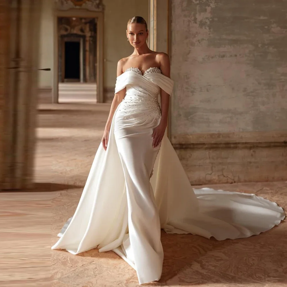 

Customized Sexy Mermaid Elegance Wedding Dresses For Women Sweetheart Vestido De Novia Satin Detachable Train Bridal Gowns