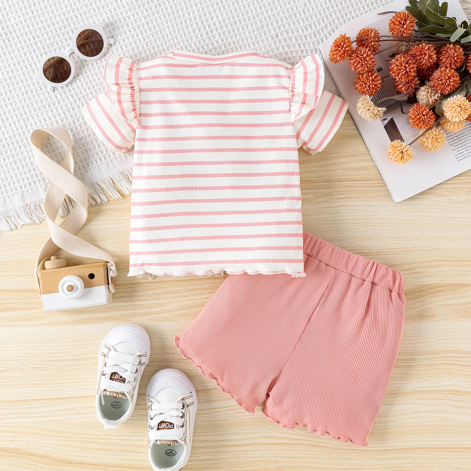 2PCS Summer Baby Girls 0-5 Years Old Soft And Comfortable Two-Color Striped Short-Sleeved Top Plain Shorts Casual Suit