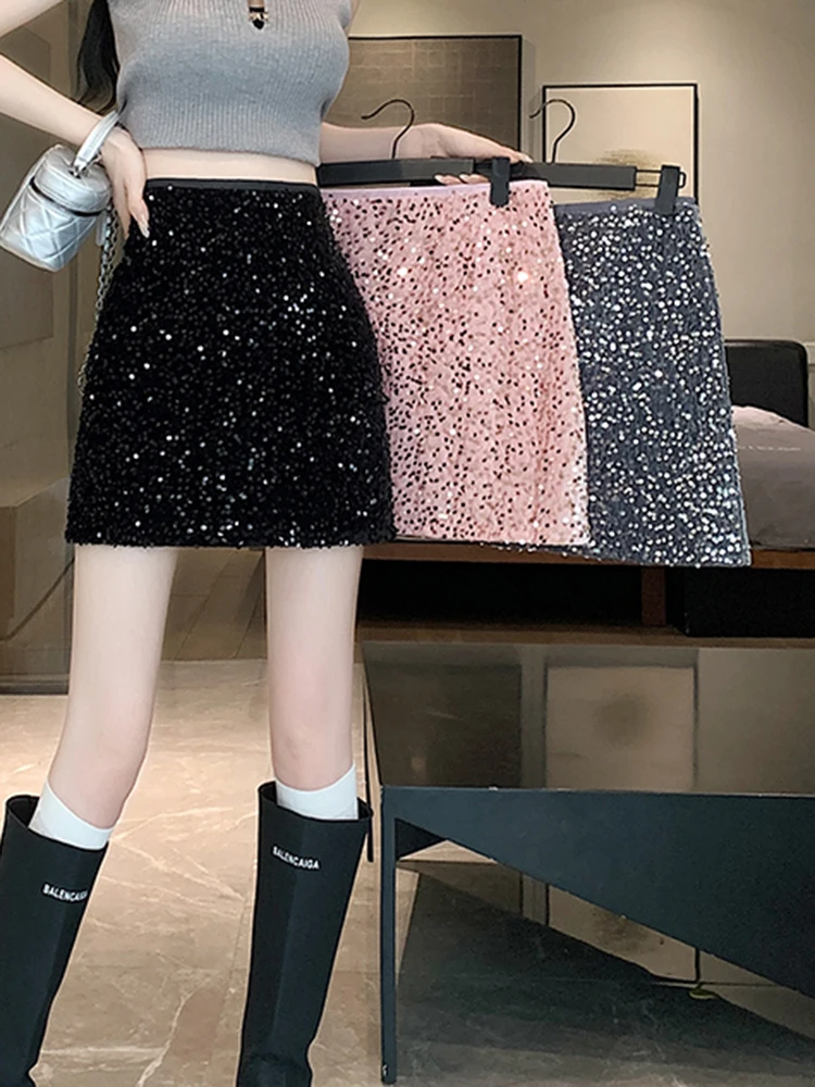 Women's New 2024 Summer Sexy Casual High Waisted Slim A-line Buttock Short Skirt Women's Design Silver Sparkling Glitter Sequin