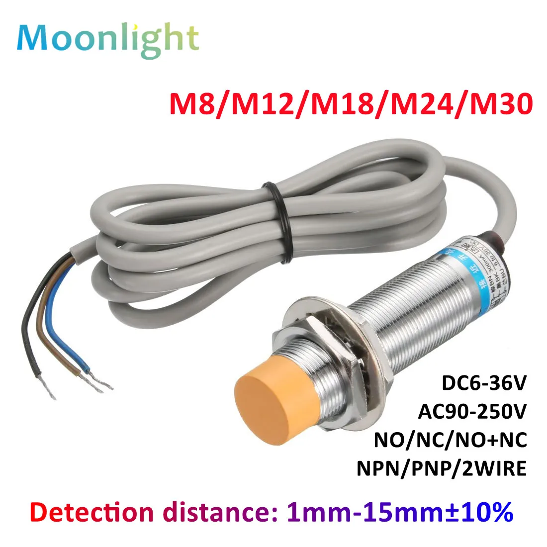 สีเหลือง Approach Sensor ตรวจจับสวิทช์ M8 M12 M18 30 4มม.DC 12V AC 110V ไม่มี NC NPN PNP การตรวจจับโลหะสวิทช์