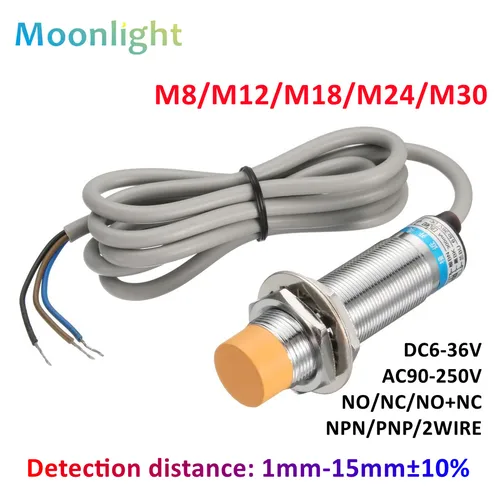 Sensor de acercamiento amarillo interruptor de sensor de proximidad inductivo M8 M12 M18 30 4mm DC 12V AC 110V NO NC NPN PNP interruptores de Metal de detección