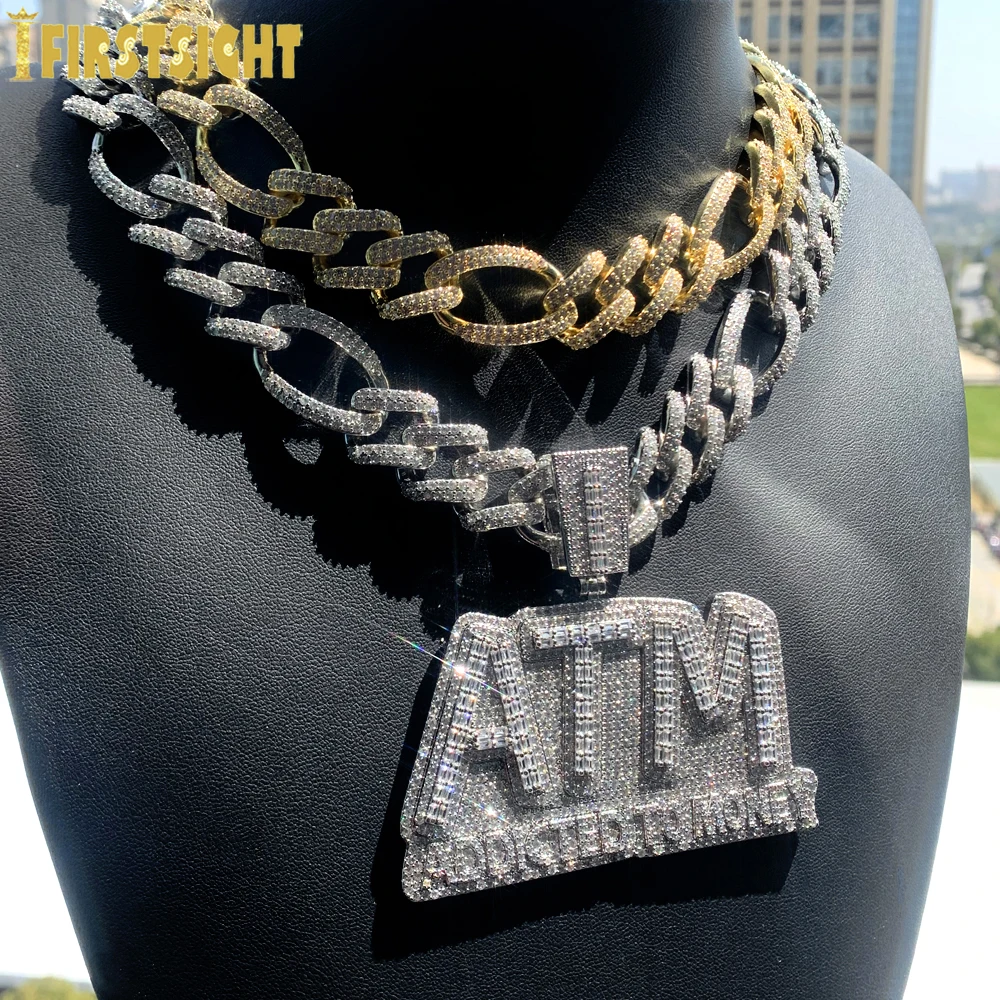 

Iced Out Bling Luxury Big ATM Pendant Necklaces With 19MM Cuban Chain CZ Zircon Addicted To Money Charm Men's Hip Hop Jewelry