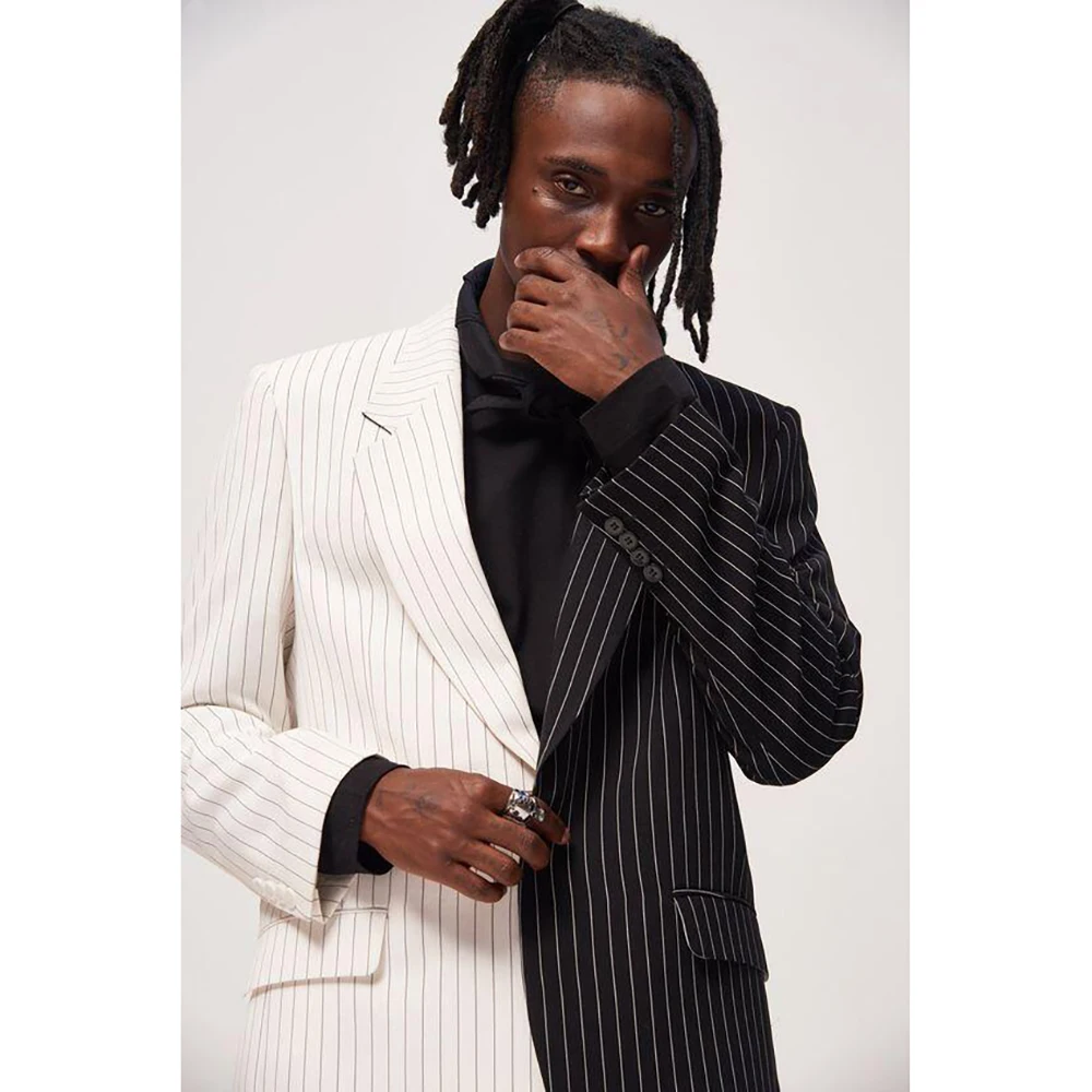 Fashionable Black and White Striped Patchwork Men's Suit Two-pieces Set Chic Casual Party Prom Wedding Set