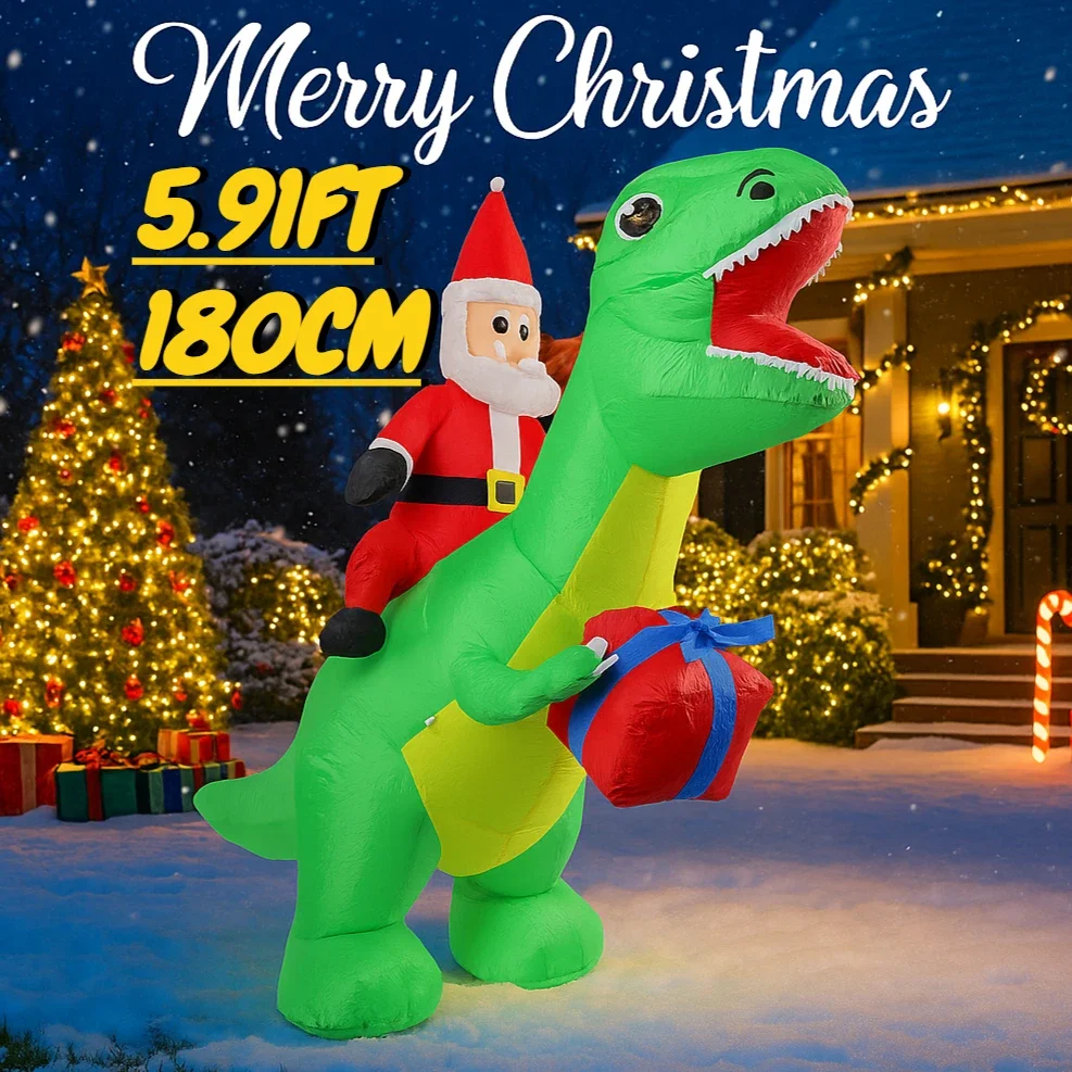 Giocattolo gonfiabile del dinosauro di Babbo Natale da 5,91FT con la luce del LED Decorazione del partito del prato del cortile di Natale Regalo dell'ornamento del fornitore della casa di Natale