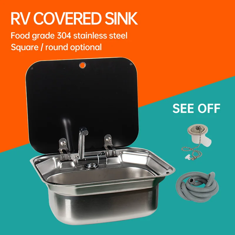 RV Stainless Steel Square Sink With Lid Kitchen Sink with Folding Camshell Single Bowl Camping Sinks Camper RV Accessories