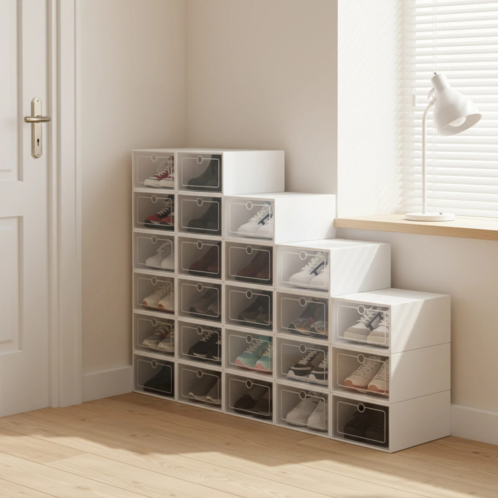 

24 Pcs Durable Clear Stackable Shoe Storage Box Sneaker Organizer Case for Shoes Boots Sneakers Home Organization