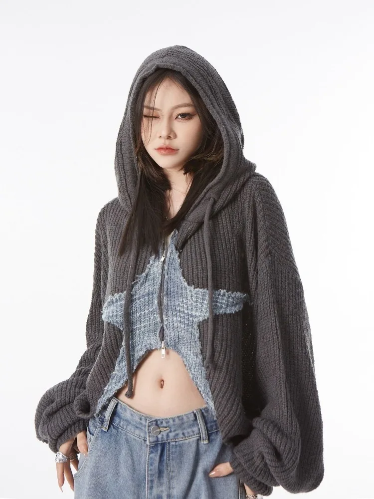 

Y2k Vintage Gothic Clothes Girls Patchwork Knitted Cardigan Couple Crop Tops Harajuku Zipper Hooded Streetwear Sweaters Coat