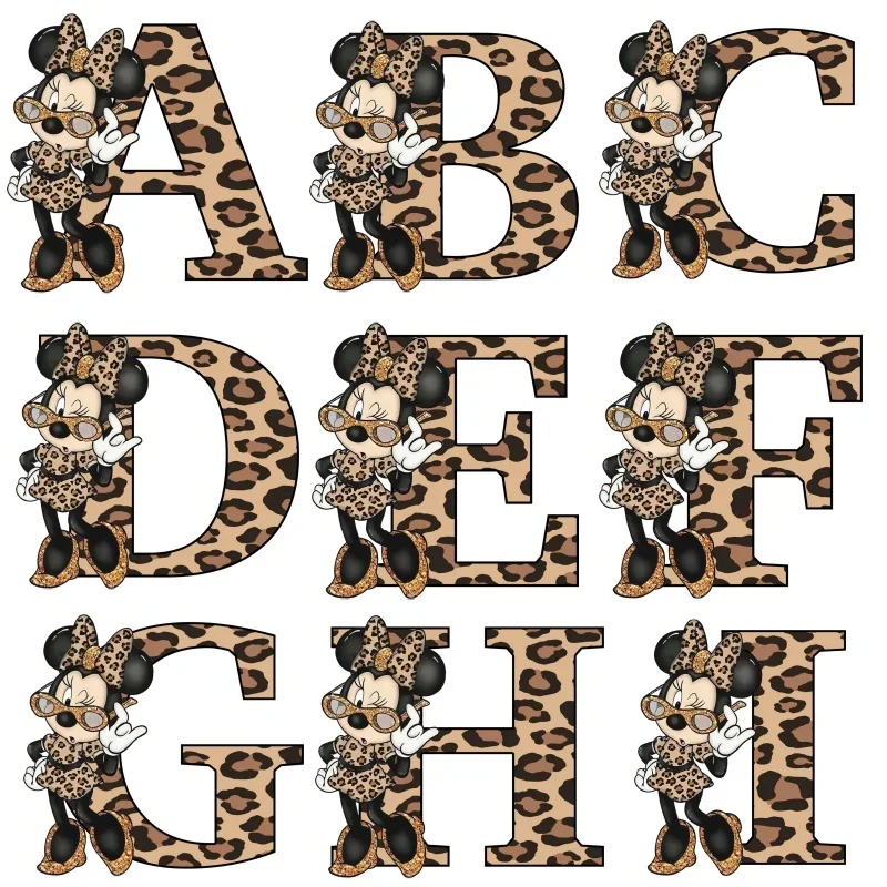 Disney Minnie Mouse Leopard 26 Alphabet A B C D E Patches for DIY Clothes Thermal Heat Transfer Stickers Iron on For Women Shirt