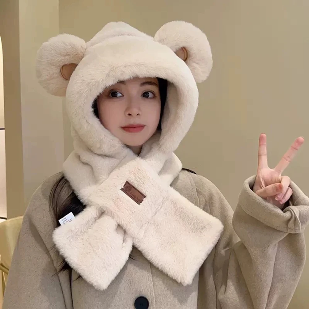 Cute Little Bear Scarf Hat Warm One Piece Hat Female Winter Student Lamb Hair Korean Version Hooded Mask Plush Hat