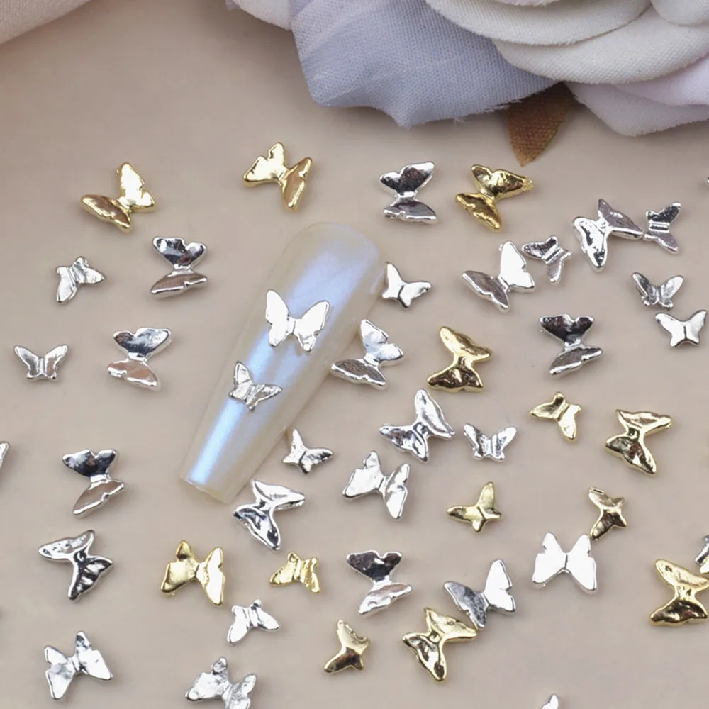 10Pcs/lot 3D Butterfly Gold Silver Nail Charms Alloy Gems Mini Rivets Decoration Manicure Bow Tie Nail Supplies Accessories