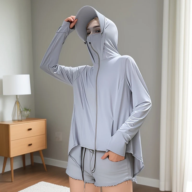 

Устойчивый к ультрафиолетовому излучению капюшон на молнии с длинным рукавом спереди, короткий и сзади, длинный карман, солнцезащитный топ, летняя одежда для женщин, повседневная однотонная одежда Coa