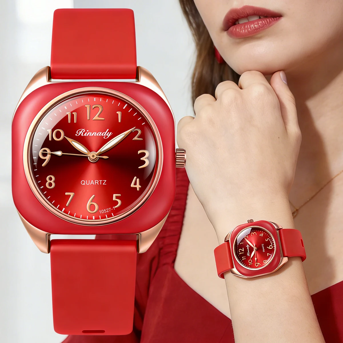 Women Square Quartz Watch Gradient Red Dial Soft Silicone Strap Fashion Ladies Daily Wear Wrist Clock Female Women Watches