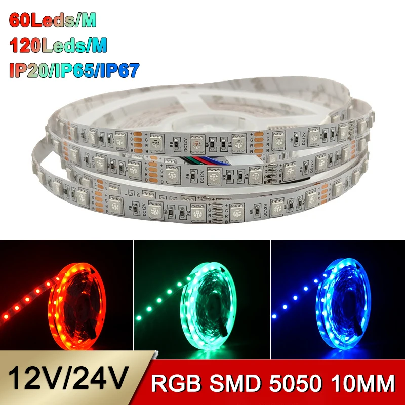 High Brightness IP67 IP65 IP20 5M/Roll RGB SMD5050 12V/24V 10mm 5050 SMD RGB Led Strip Light