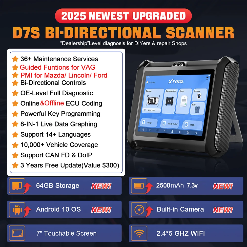 XTOOL D7S Automotive Diagnostic Tools ECU Coding OBD2 Bdirectional Control Scanner Key Programmer 36+ Reset Built in CANFD DOIP