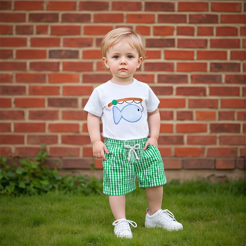 

Toddler Boy Summer Outfits Fish Embroidery Short Sleeve Round Neck T-Shirts with Plaid Shorts