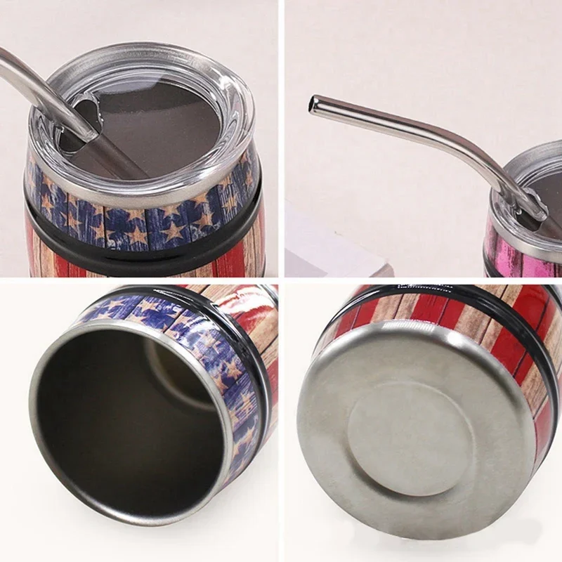 كأس نبيذ صغير مع كوب بقشة وغطاء برميل نبيذ محمول من الفولاذ المقاوم للصدأ كوب بيرة خارجي سهل الشرب 3 أونصة/90 مللي #5