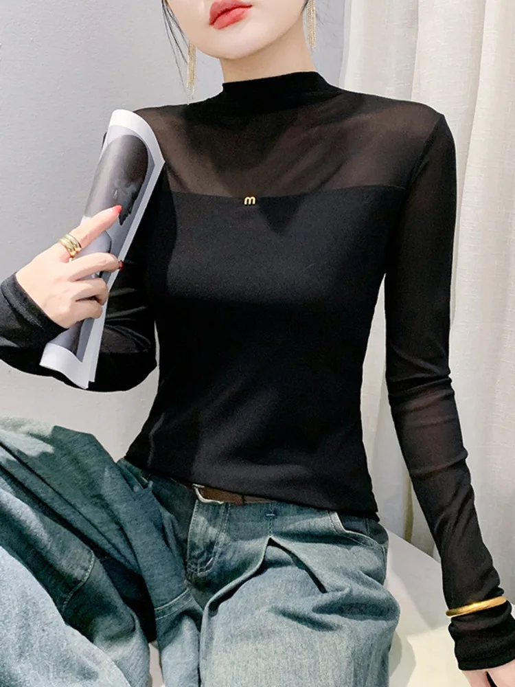 European Goods 2025 Autumn/Winter New Style Temperament Versatile Semi High Collar Solid Color Long Sleeved Mesh Base Shirt Top