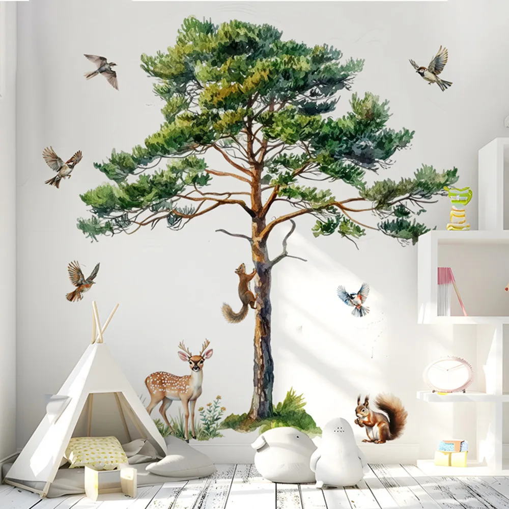 Large Pine Tree Wall Decals Squirrel Fawn Birds Vinyl Stickers Removable Forest Nature Art Mural for Kids Bedroom Nursery Decor