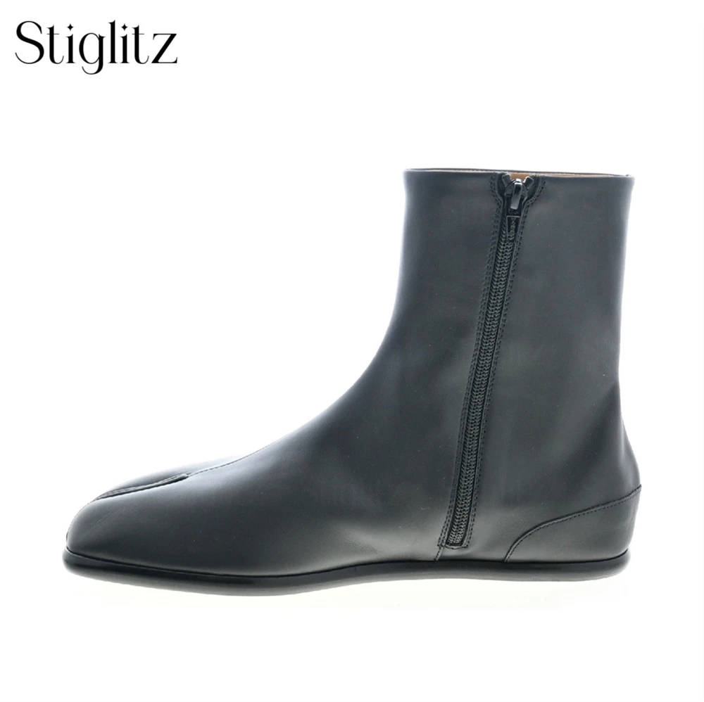 Black Smooth Leather Tabi Flat Boots Split Toe Handmade Zipper Boots Novelty Designer Style Dress Boots Fashion Ankle Men Boots