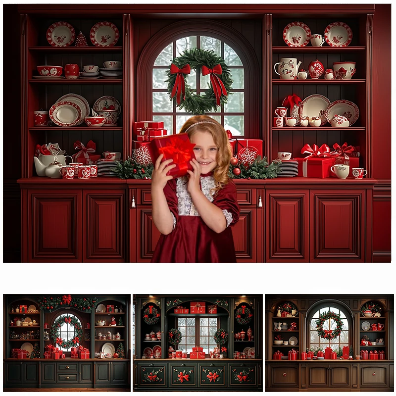 

LS Photography Background Christmas Red Kitchen Window Tableware Xmas Wreath Kids Family Portrait Decor Backdrop Photo Studio