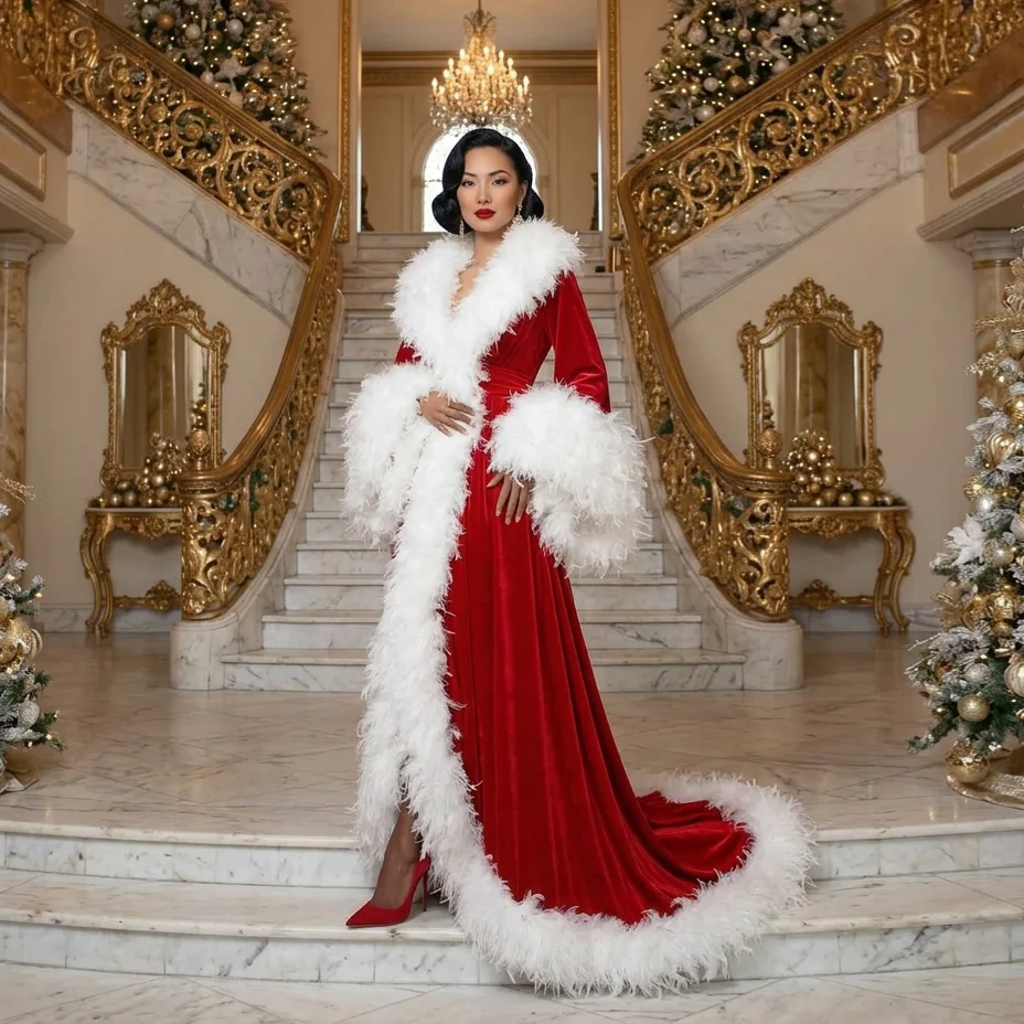 Luxury Red Velvet Deep V-Neck White Feather Trim Christmas Gown Holiday Party Gown Robes De Soirée YD260912